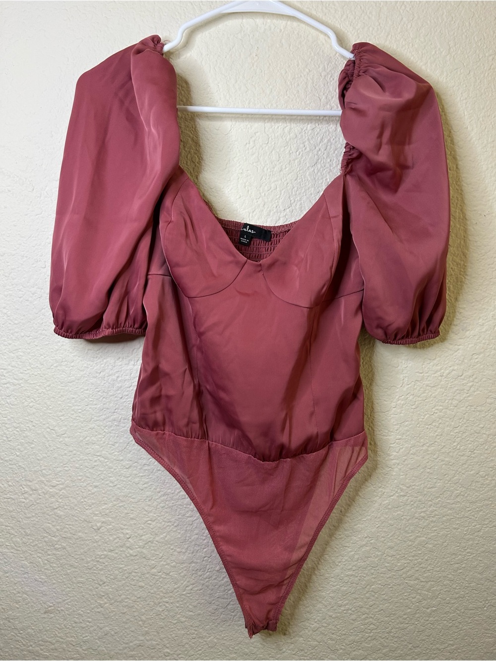 Lulu's Dusty Rose Satin-Look Bodysuit Puff Sleeve Large Girly Boho Mature Sexy